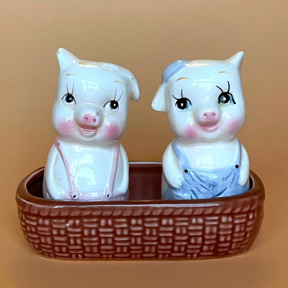Vintage Pig Salt Pepper Shakers w Basket Holder Ceramic Taiwan 3pc Kitsch